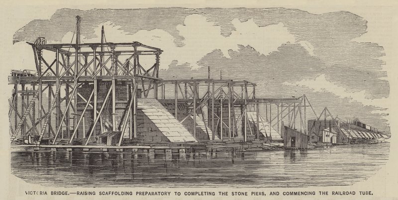 Victoria Bridge, rejsning af stilladser som forberedelse til færdiggørelse af stenpælene og påbegyndelse af jernbanerøret (gravering) af English School