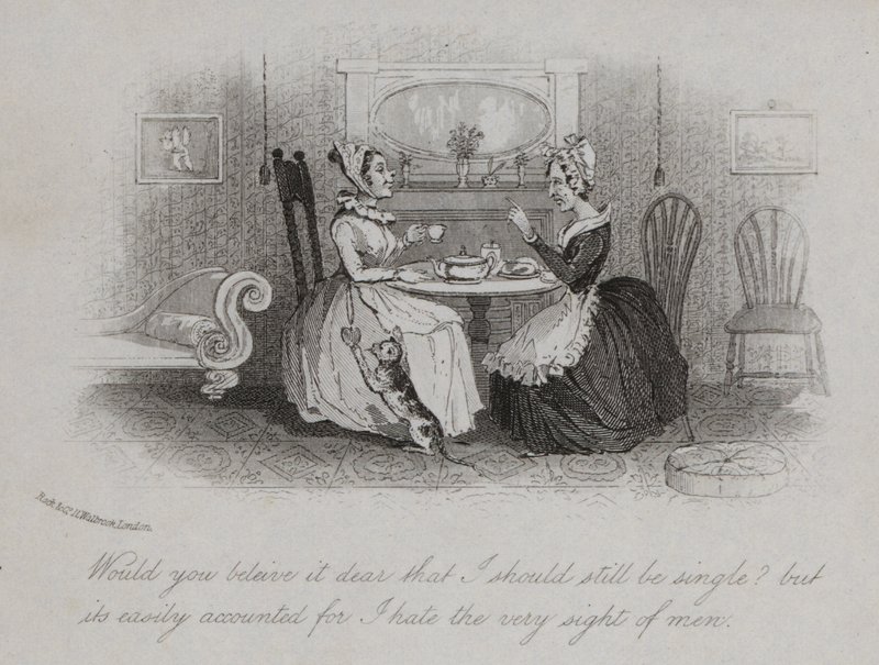 Victoriansk spinster forklarer årsagen til hendes tilbageværende single (gravering) af English School