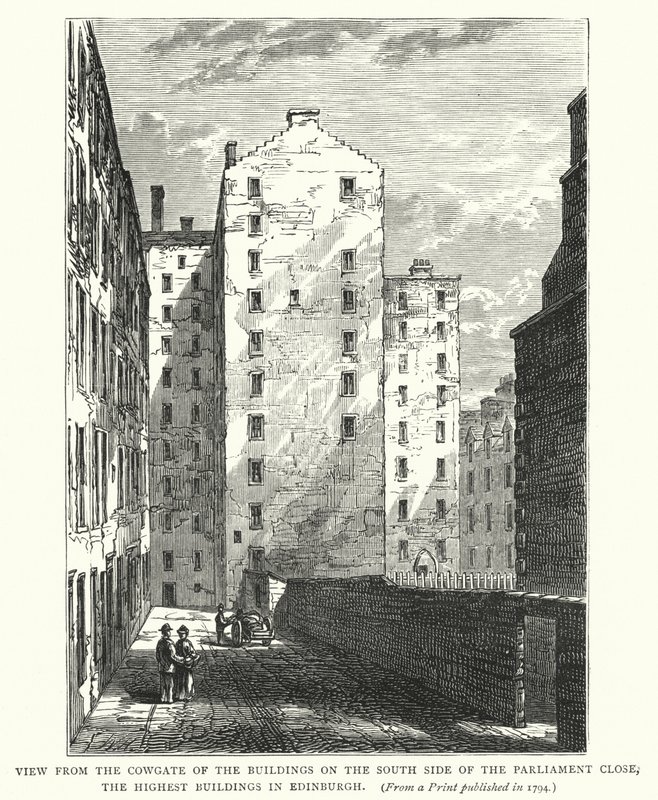 Udsigt fra Cowgate af bygningerne på sydsiden af parlamentet Luk, de højeste bygninger i Edinburgh (gravering) af English School