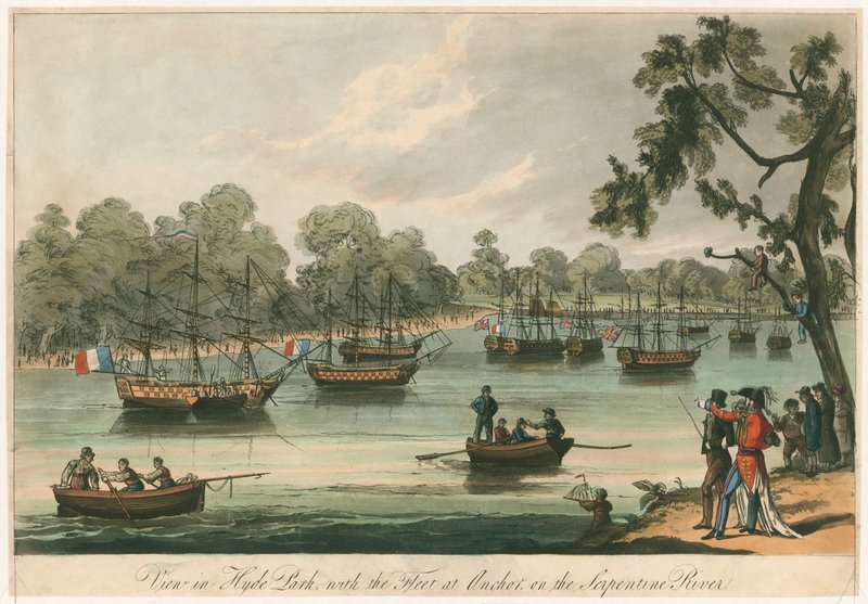 Udsigt i Hyde Park med flåden ved Anchor på Serpentine River. Naumachia. Peace of 1814 (farvet gravering) af English School