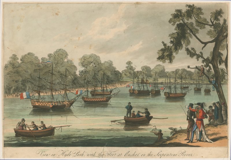Udsigt i Hyde Park med flåden ved Anchor på Serpentine River. Naumachia. Freden i 1814 af English School