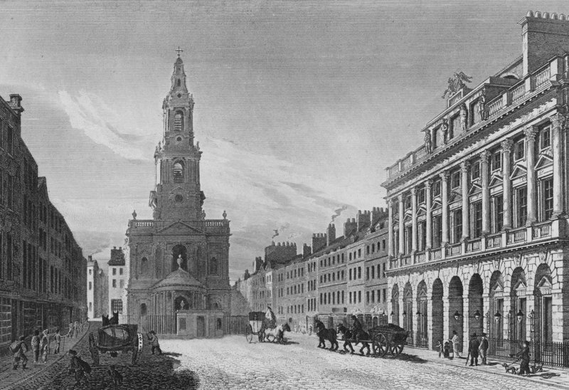 Udsigt i Stranden, inklusive nordfronten af Somerset House og Church of St Mary-Le-Strand, Westminster (gravering) af English School