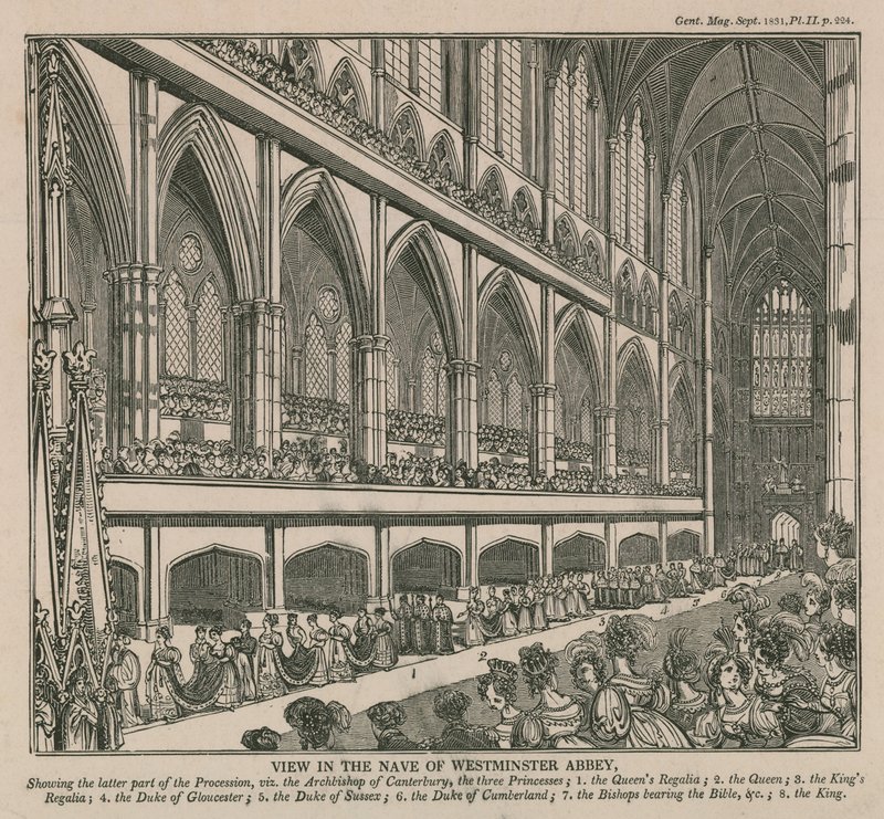 Udsigt i skibet i Westminster Abbey under kroningen af kong William IV og dronning Adelaide af English School