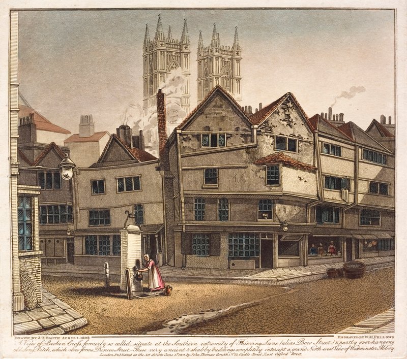 Udsigt over Broken Cross, for enden af Thieving Lane, Westminster, London af English School