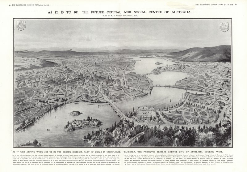 Udsigt over Canberra, den foreslåede føderale hovedstad i Australien, 1913 af English School