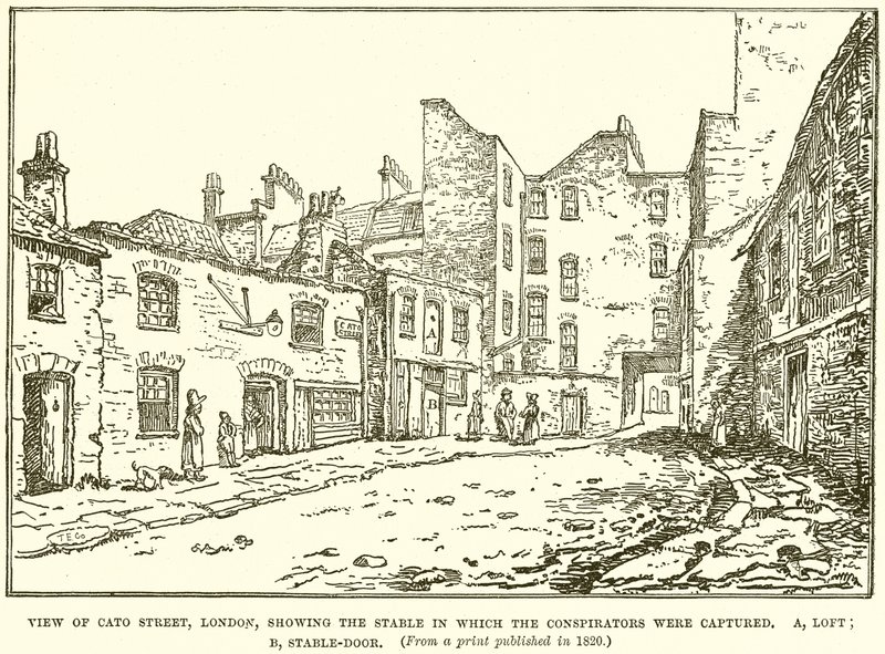 Udsigt over Cato Street, London, der viser stalden, hvor de sammensvorne blev fanget af English School
