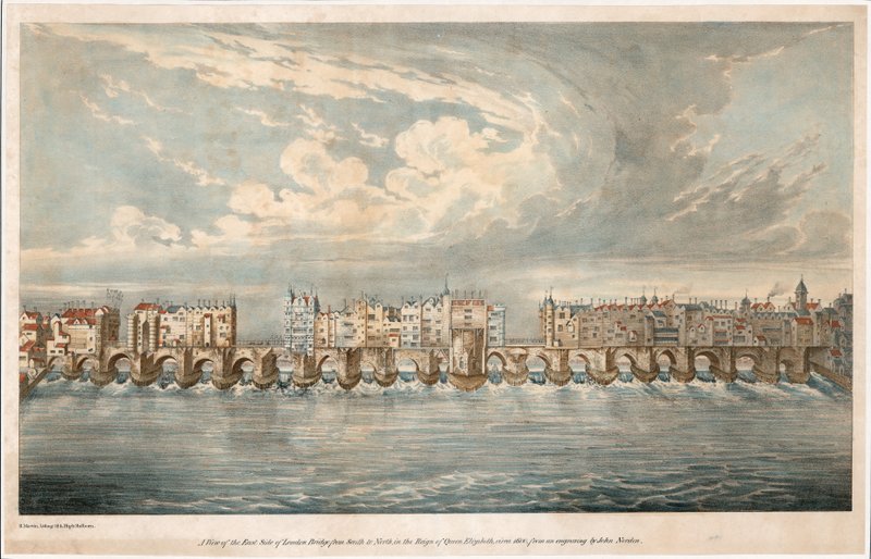 Udsigt over østsiden af Old London Bridge under dronning Elizabeth I af English School