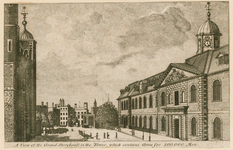Udsigt over Grand Storehouse i Tower of London med våben til 100.000 mand af English School