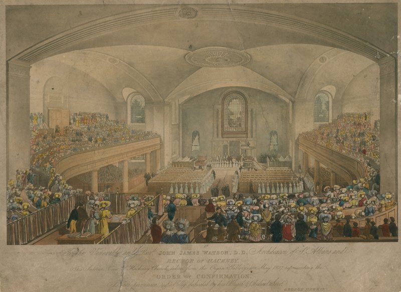 Udsigt over Hackney kirke taget fra orgelgalleriet i maj 1827 af English School