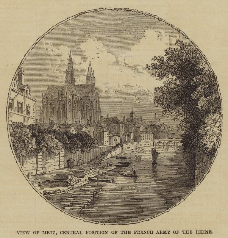 Udsigt over Metz, central position af den franske hær ved Rhinen (gravering) af English School