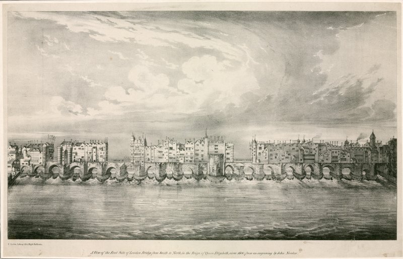 Udsigt over Old London Bridge som under dronning Elizabeth I af English School