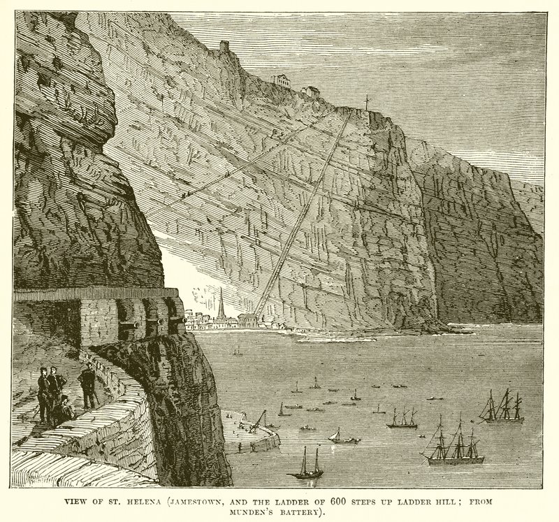 Udsigt over St. Helena (Jamestown og stigen med 600 trin op ad Ladder Hill; fra Mundens batteri) af English School