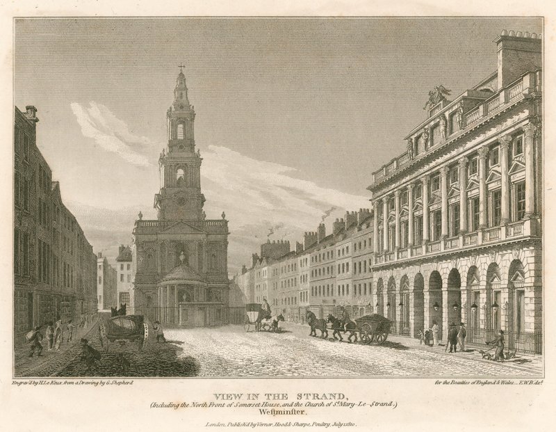 Udsigt over The Strand, inklusive nordfronten af Somerset House og Church of St Mary-Le-Strand, Westminster, London af English School