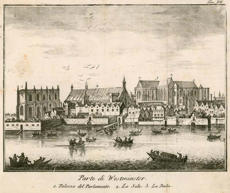 Udsigt over Westminster Palace, London af English School
