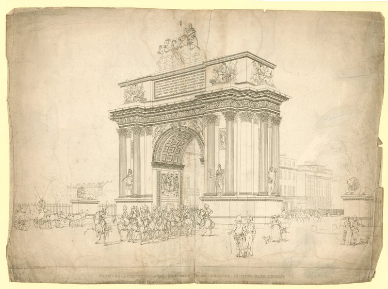 Udsigt over en triumfbue, der foreslås opført ved Hyde Park Corner af English School