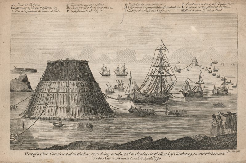Udsigt over en kegle bygget i år 1785, der føres til sin plads i vejen ved Cherbourg af English School