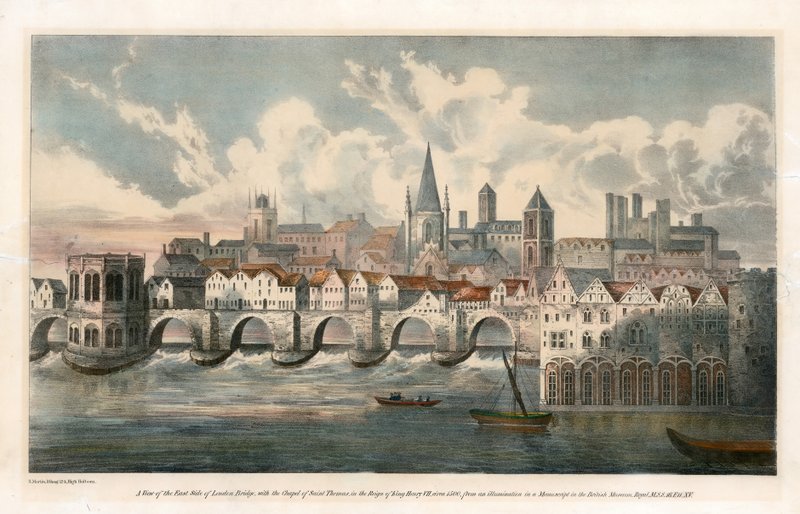 Udsigt over østsiden af Old London Bridge fra BM Royal MSS af English School