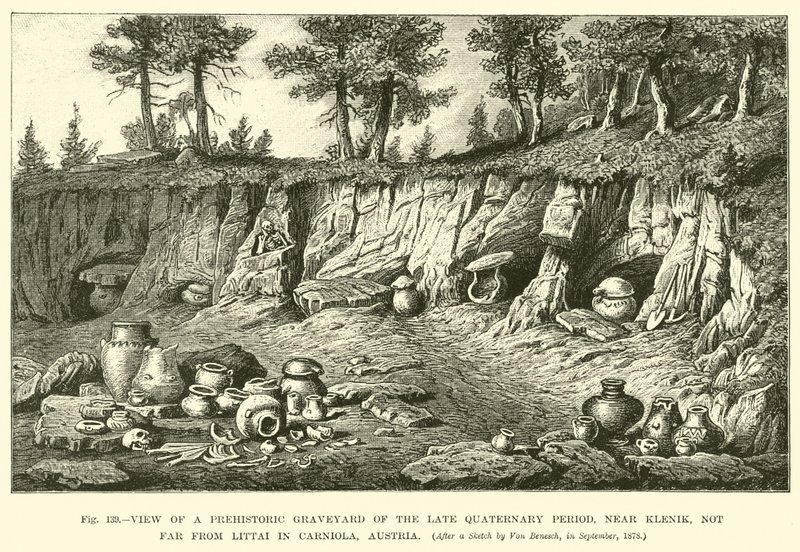 View of prehistoric graveyard of the Late Quaternary Period, near Klenik, not far from Littai in Carniola, Austria  af English School