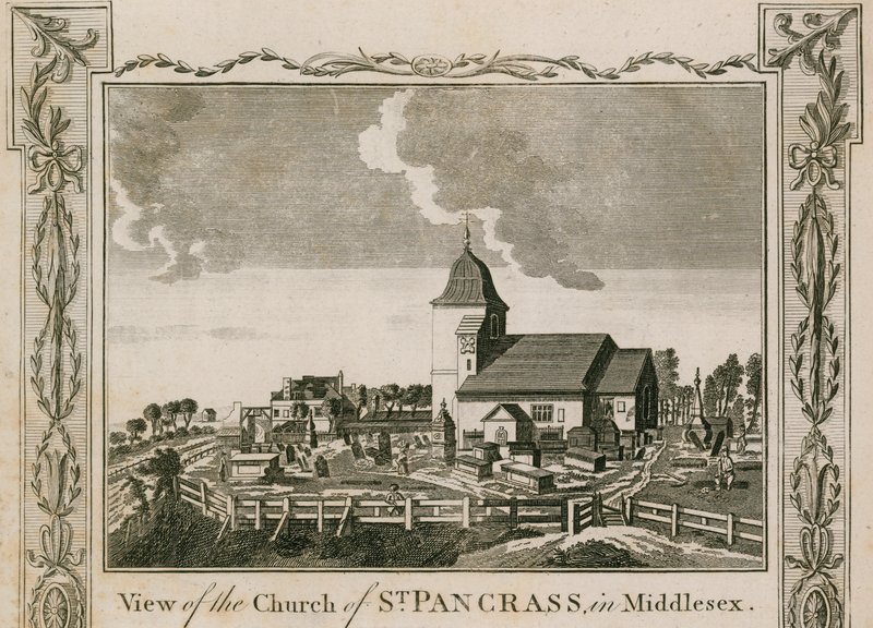 Udsigt over Church of St Pancras i Middlesex, London af English School