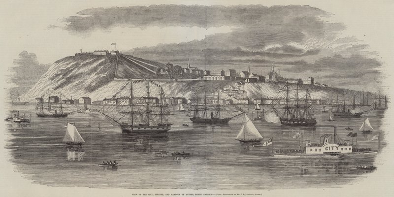 Udsigt over byen, citadellet og havnen i Quebec, Nordamerika (kobberstik) af English School