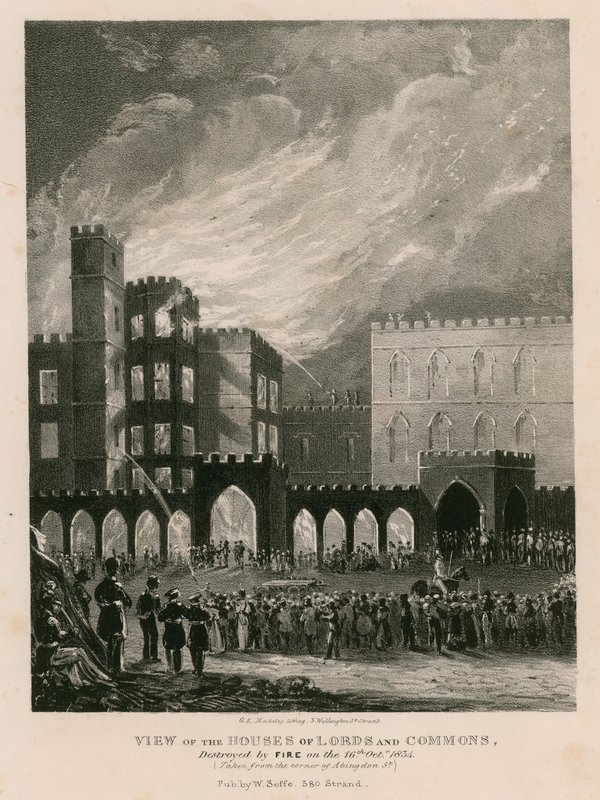 Udsigt over Houses of Lords and Commons, ødelagt af brand den 16. oktober 1834 af English School