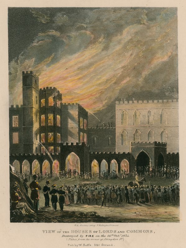 Udsigt over Houses of Lords and Commons, ødelagt af brand den 16. oktober 1834 af English School