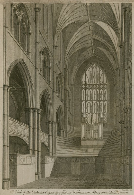 Udsigt over orkesterorgelet osv. opsat i Westminster Abbey, London af English School