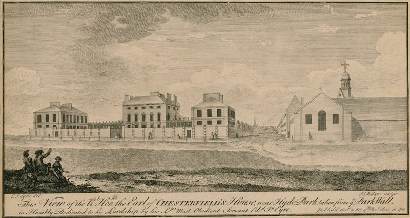 Udsigt over det højre Hon the Earl of Chesterfields hus nær Hyde Park, taget fra Park Wall af English School