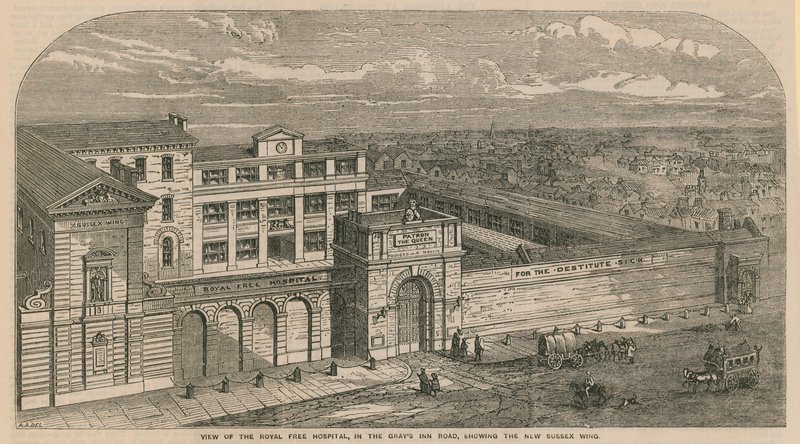 Udsigt over Royal Free Hospital i Grays Inn Road, der viser den nye Sussex Wing af English School