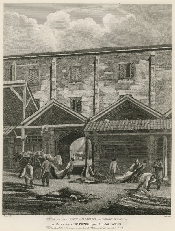 Udsigt over Skin Market i Leadenhall, i Parish of St Peter upon Cornhill, London af English School