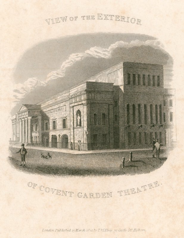 Udsigt over det ydre af Covent Garden Theatre, London af English School