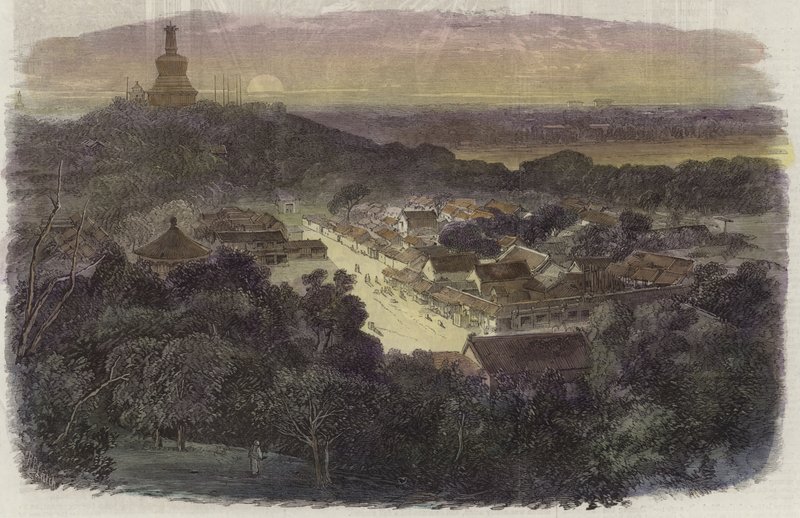 Udsigt over haverne og det buddhistiske tempel i den kejserlige by af English School