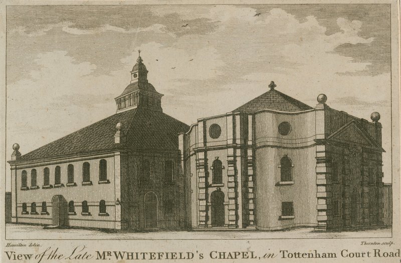 Udsigt over afdøde Mr Whitefields Chapel i Tottenham Court Road, London af English School