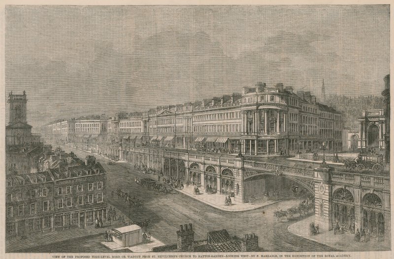 Udsigt over den foreslåede vej eller viadukt på højt niveau fra St Sepulchres Church til Hatton Gardens af English School