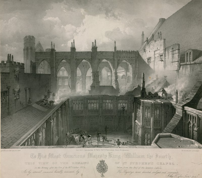 Udsigt over resterne af St Stephens Chapel morgenen efter branden af English School