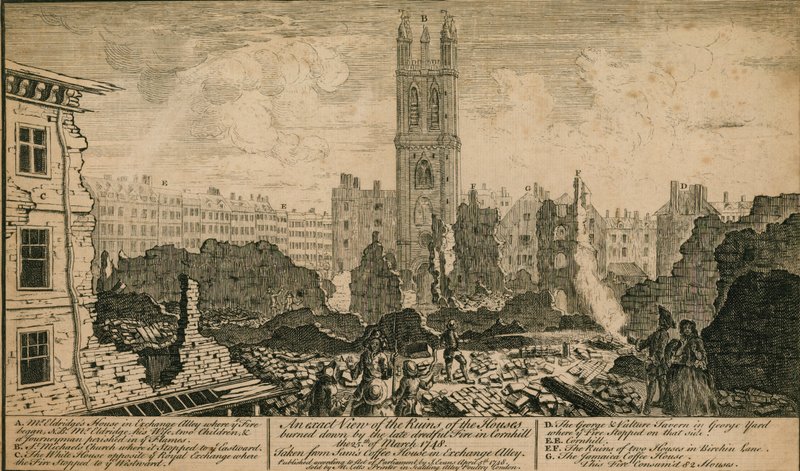 Udsigt over ruinerne af de huse, der blev brændt ned af branden i Cornhill, London, den 25. marts 1748 af English School