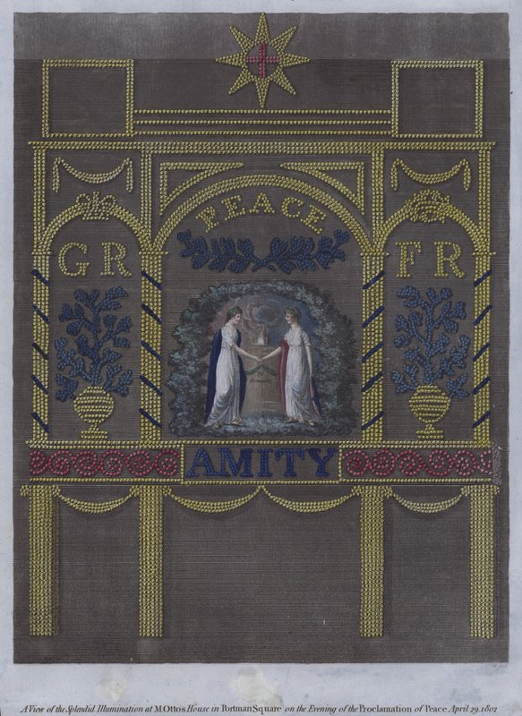 Udsigt over den pragtfulde belysning ved M Ottos hus på Portman Square, London, om aftenen for fredserklæringen, 29. april 1802 (farvegravering) af English School