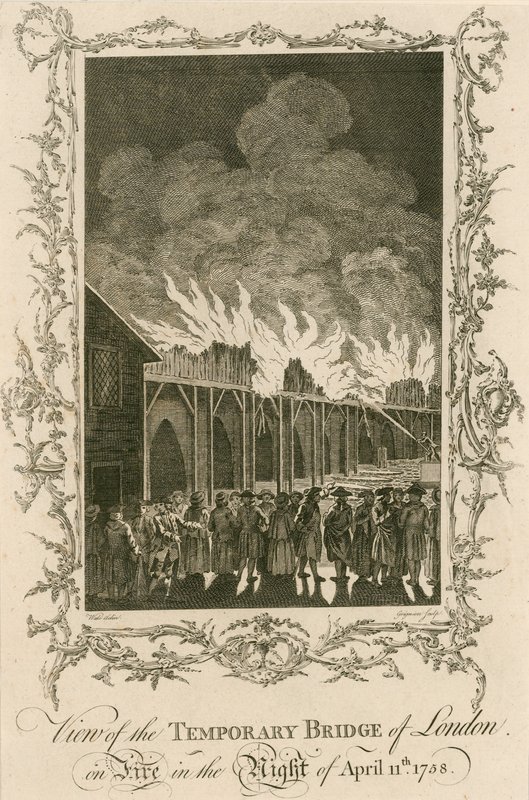 Udsigt over Londons midlertidige bro i brand natten til den 11. april 1758 af English School