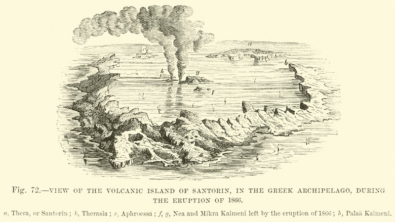 View of the volcanic island of Santorin, in the Greek Archipelago, during the eruption of 1866  af English School