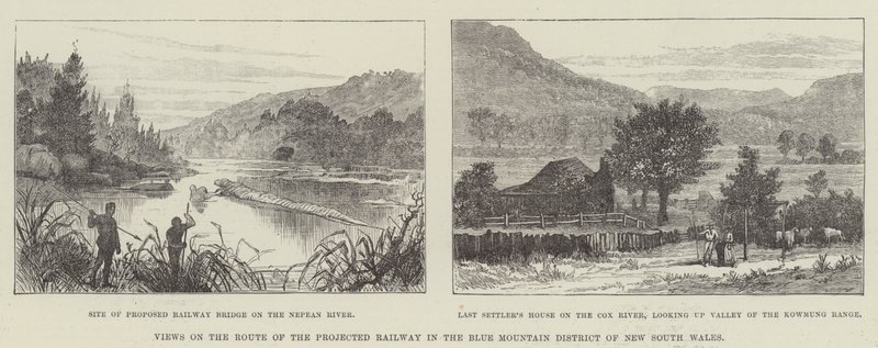 Udsigt over ruten for den projekterede jernbane i Blue Mountain-distriktet i New South Wales (gravering) af English School