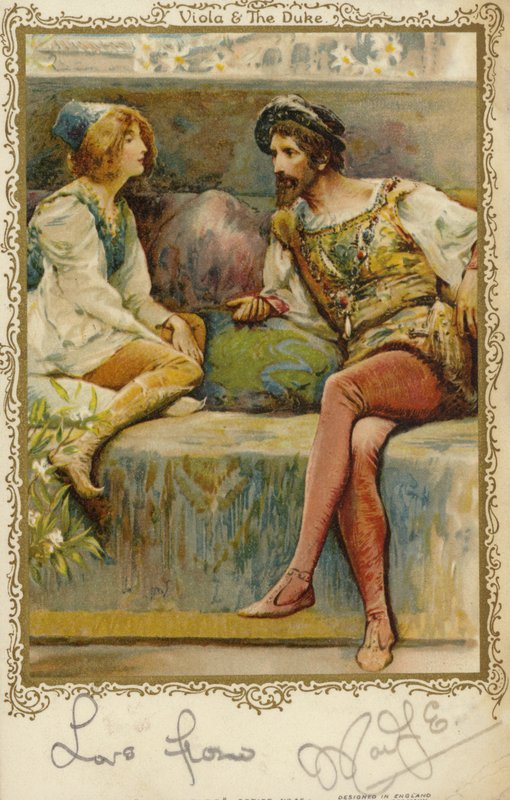 Viola and the Duke i William Shakespeares spiller Twelfth Night af English School