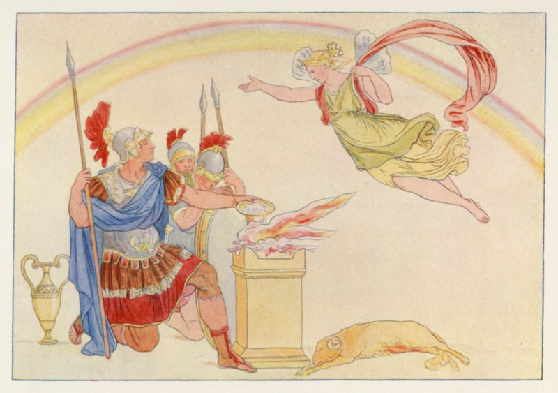 Virgils Æneid: Iris viser sig for Turnus (farve litho) af English School