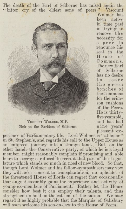 Viscount Wolmer, MP, arving til jarldømmet Selborne (gravering) af English School