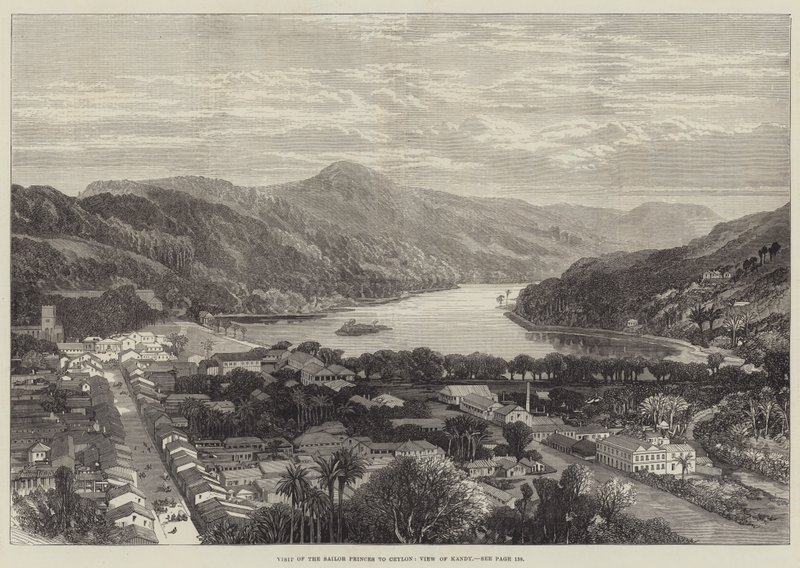 Besøg af sømandsprinserne til Ceylon, udsigt over Kandy (gravering) af English School