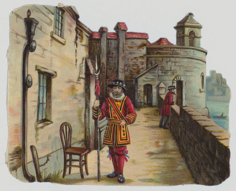 Besøg i Tower of London, victoriansk skrot (farve litho) af English School