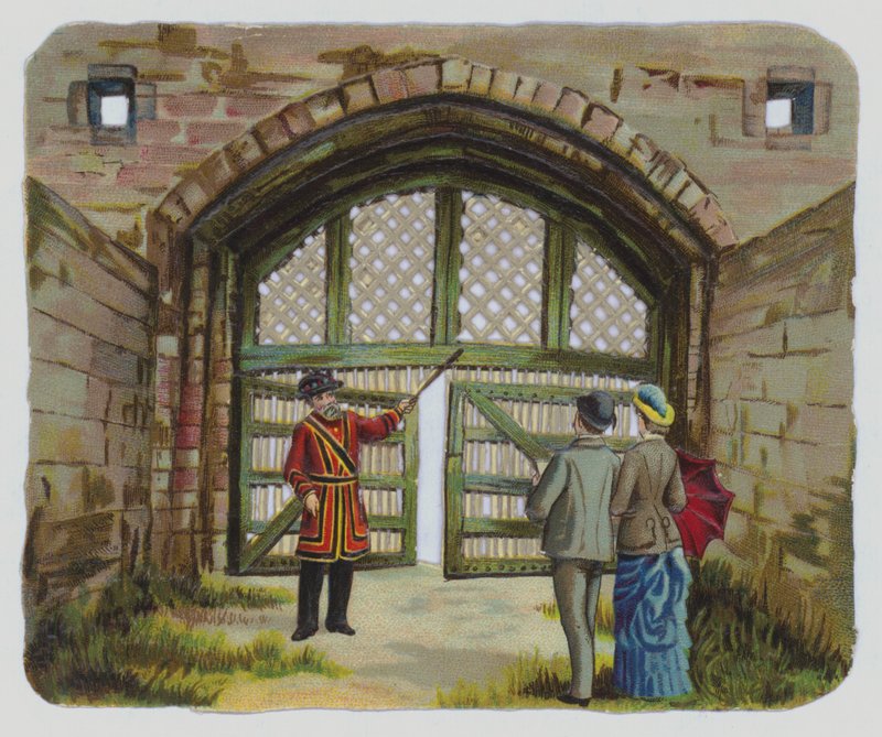 Besøg i Tower of London, victoriansk skrot (farve litho) af English School