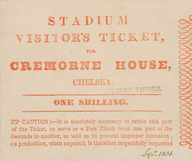 Besøgsbillet til The Stadium, Cremorne House, London, september 1836 af English School