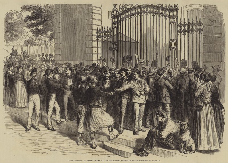 Frivilligt arbejde i Paris, scene på rekrutteringskontoret i St. Dominic, St. German (gravering) af English School