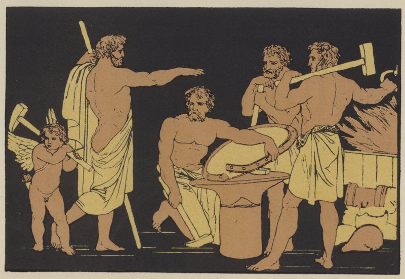 Vulcan and the Cyclopes (farve litho) af English School