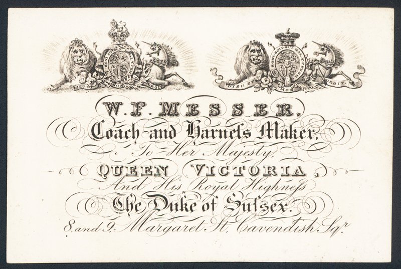 W F Messer, coach og selemager til hendes majestæt Dronning Victoria og hertugen af Sussex, handelskort af English School